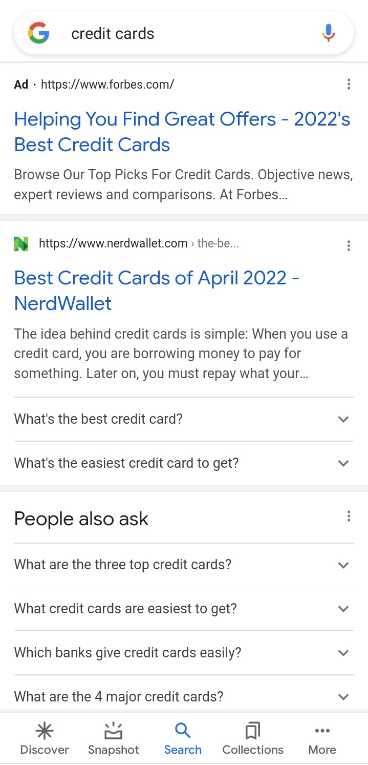 A result page on mobile search for keyword credit card in us