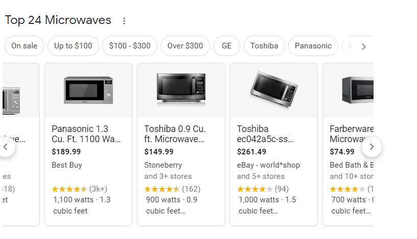 Structured results for "buy microwave oven", indicating purchase intent.