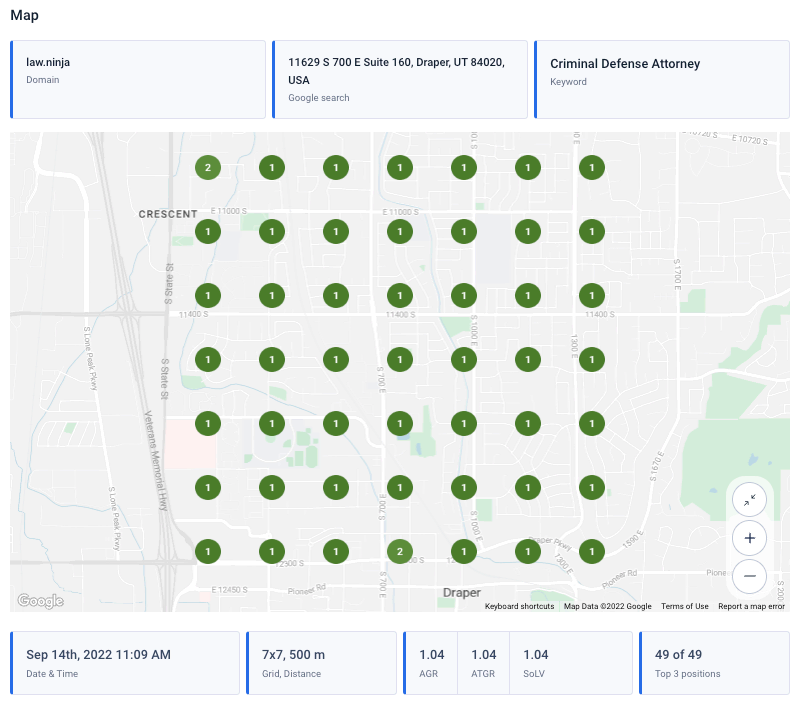 Law. Ninja criminal defense attorney keyword map rankings