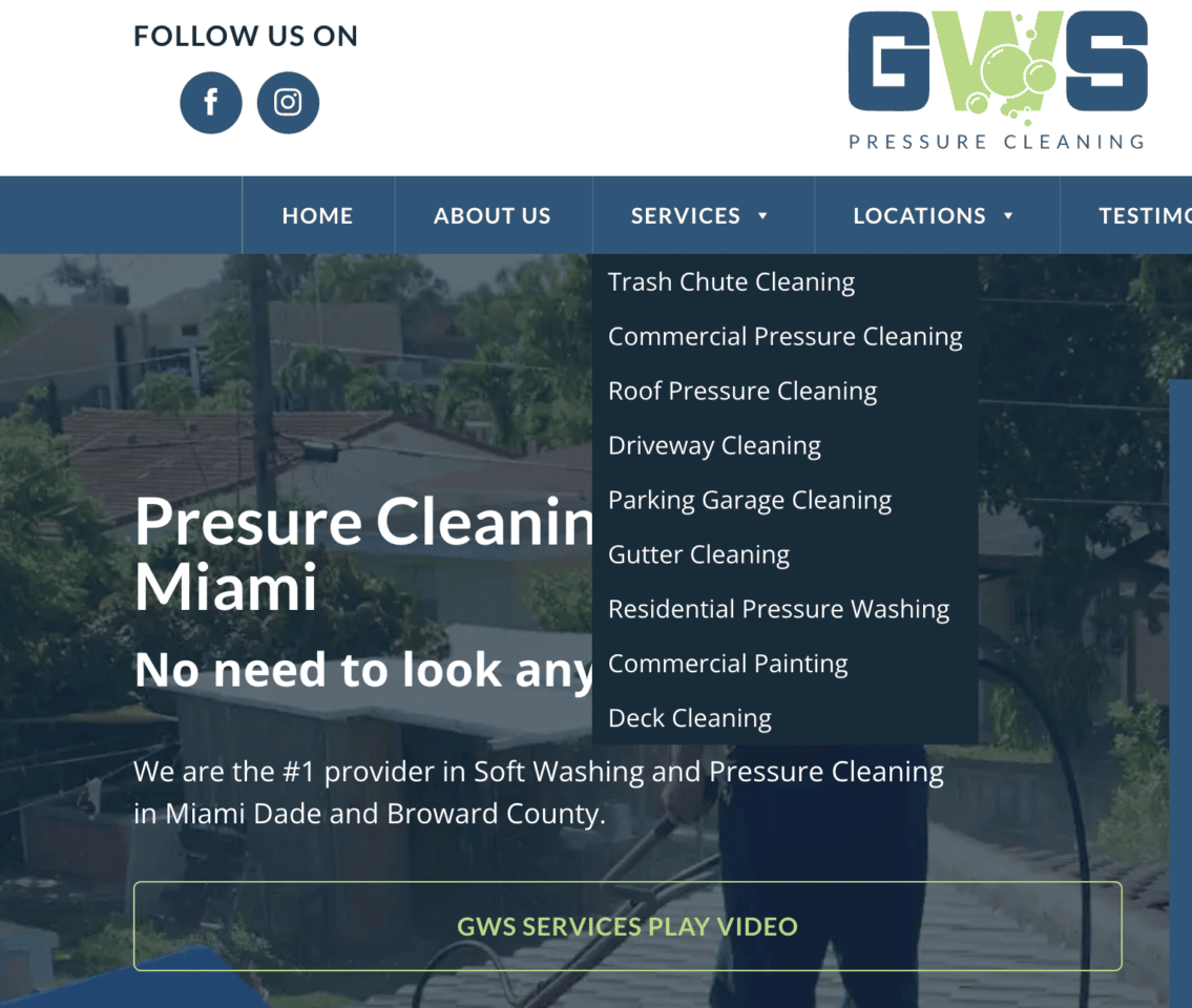 Gwspressurecleaning website services menu