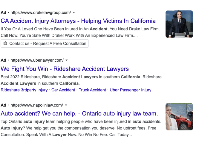 Personal injury lawyer california serp results