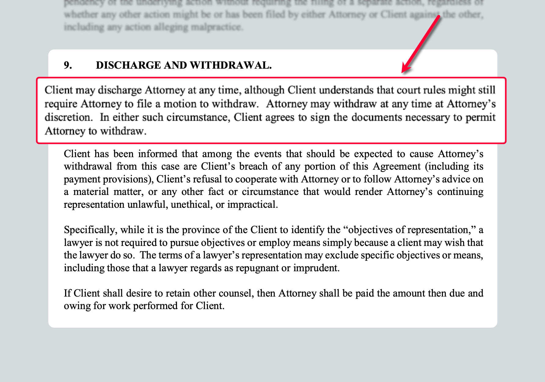 Retainer Agreement Discharge and Withdrawal Section